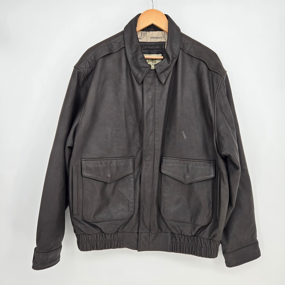 GIII G3 Mens L Brown Bomber Flight Jacket Full Zip Pockets Cool Classic Map